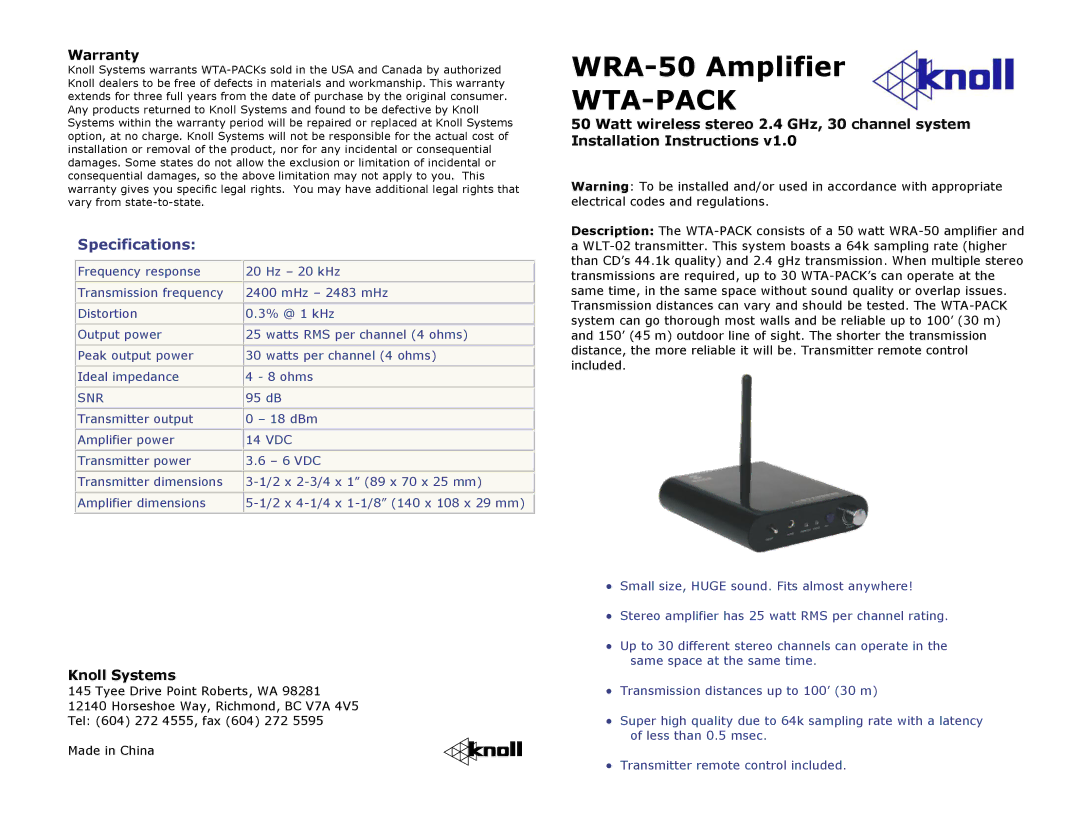 Knoll Systems WRA-50 warranty Wta-Pack, Specifications, Warranty, Knoll Systems, Snr 