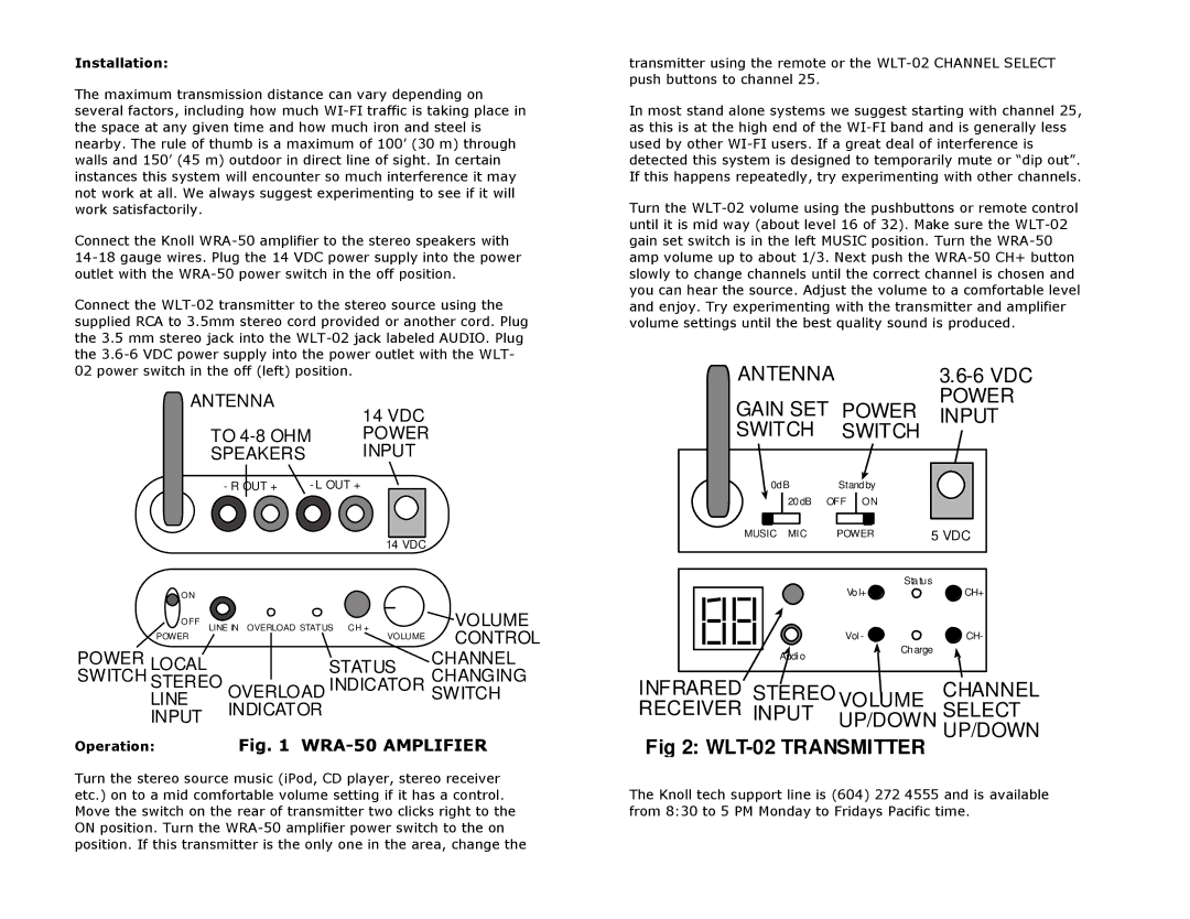 Knoll Systems WRA-50 warranty Antenna, Gain SET Power Input Switch, WLT-02 Transmitter, Installation, Operation 