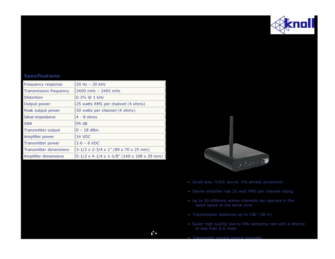 Knoll Systems warranty WRA-50 Amplifier WTA-PACK, Specifications, Warranty, Knoll Systems 