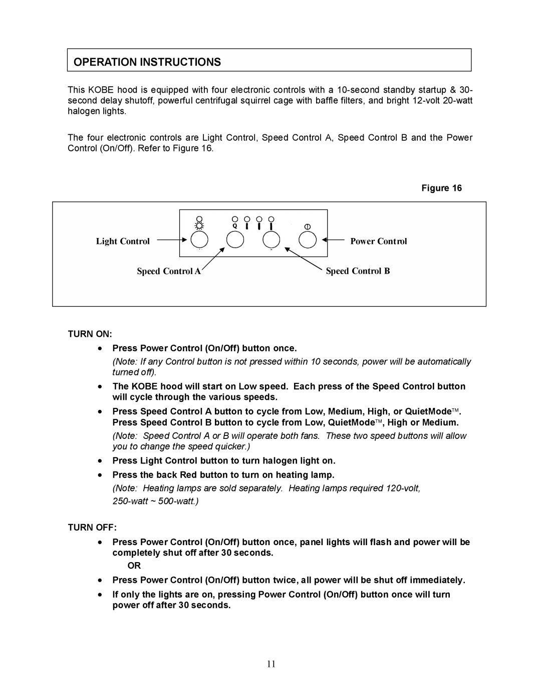 Kobe Range Hoods CH0030SQB manual Operation Instructions, Turn on, Turn OFF 