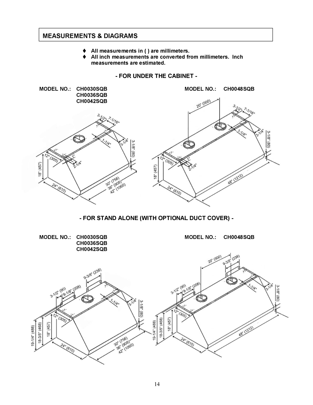 Kobe Range Hoods CH0030SQB manual Measurements & Diagrams, Model NO. CH 0030SQB Model no, CH0036SQB CH0042SQB 