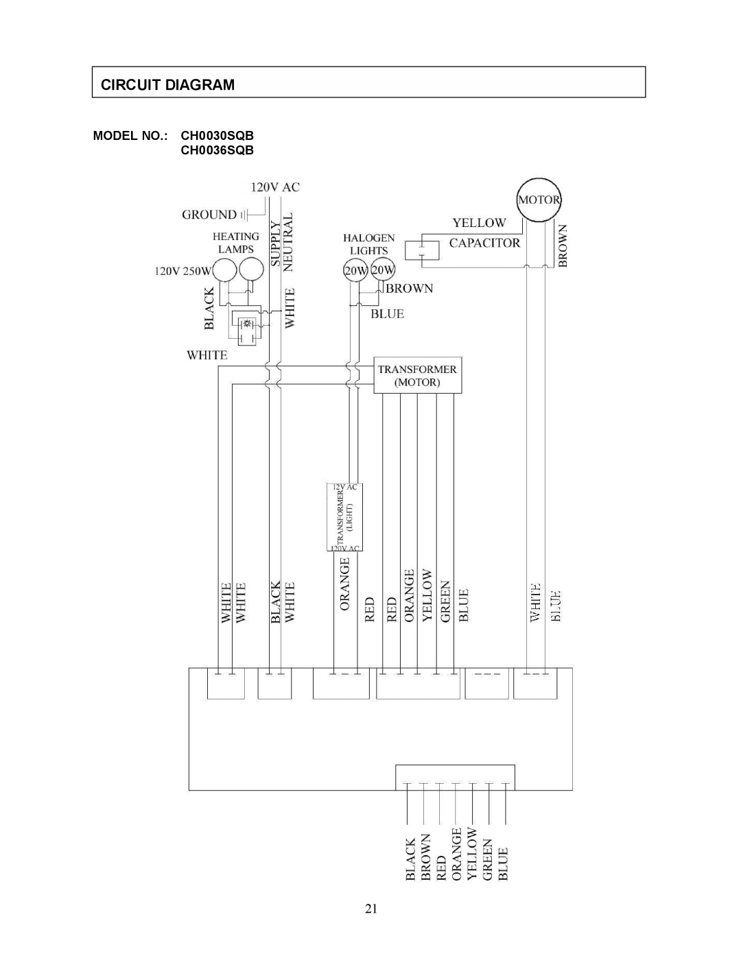 Kobe Range Hoods CH0030SQB manual Circuit Diagram, Model NO. CH00 30SQB CH0036SQB 