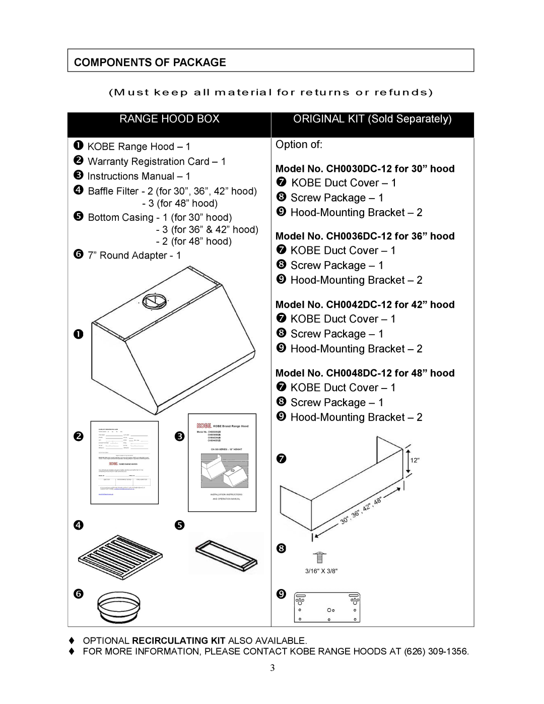 Kobe Range Hoods CH0030SQB manual Components of Package, Range Hood BOX 