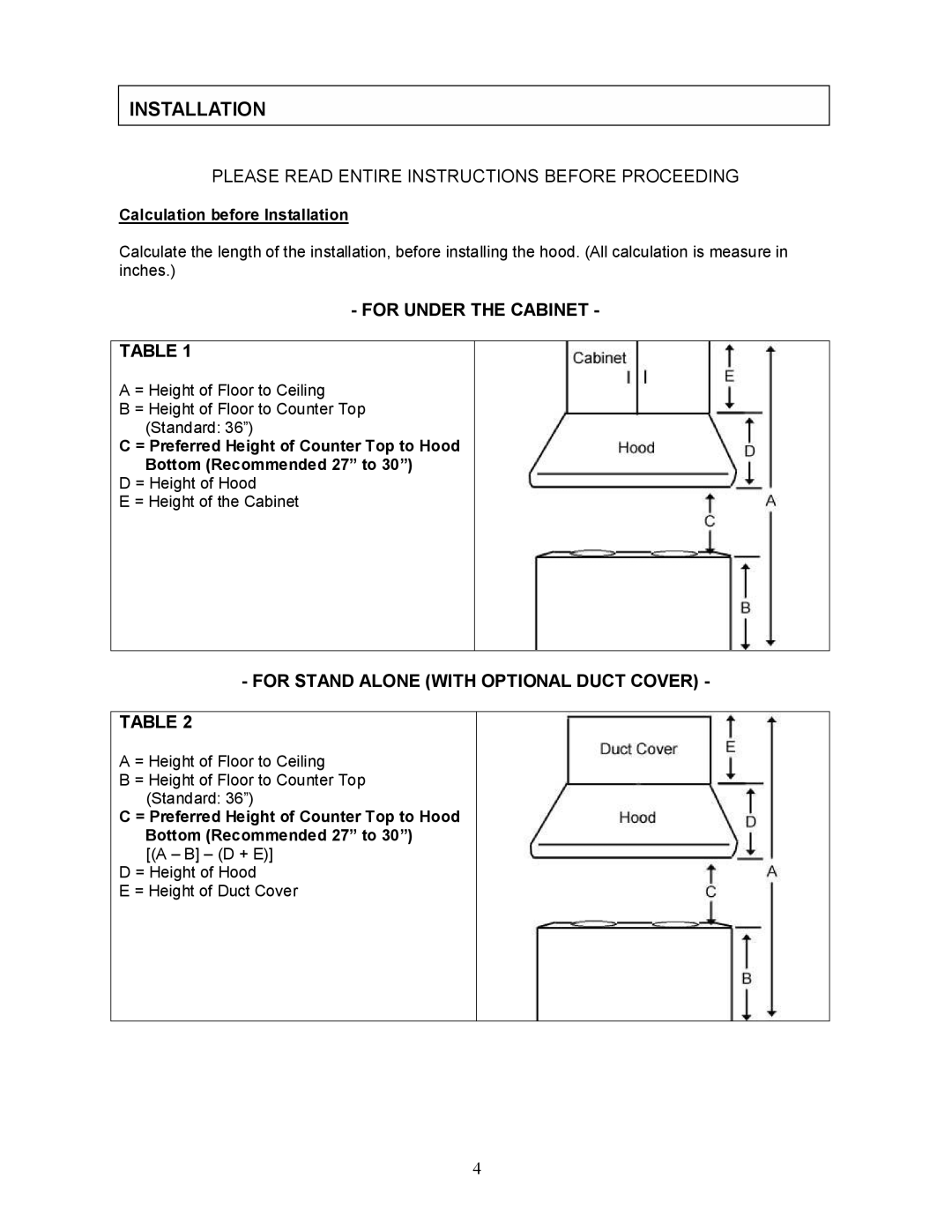 Kobe Range Hoods CH0030SQB manual Installation, Please Read Entire Instructions Before Proceeding 