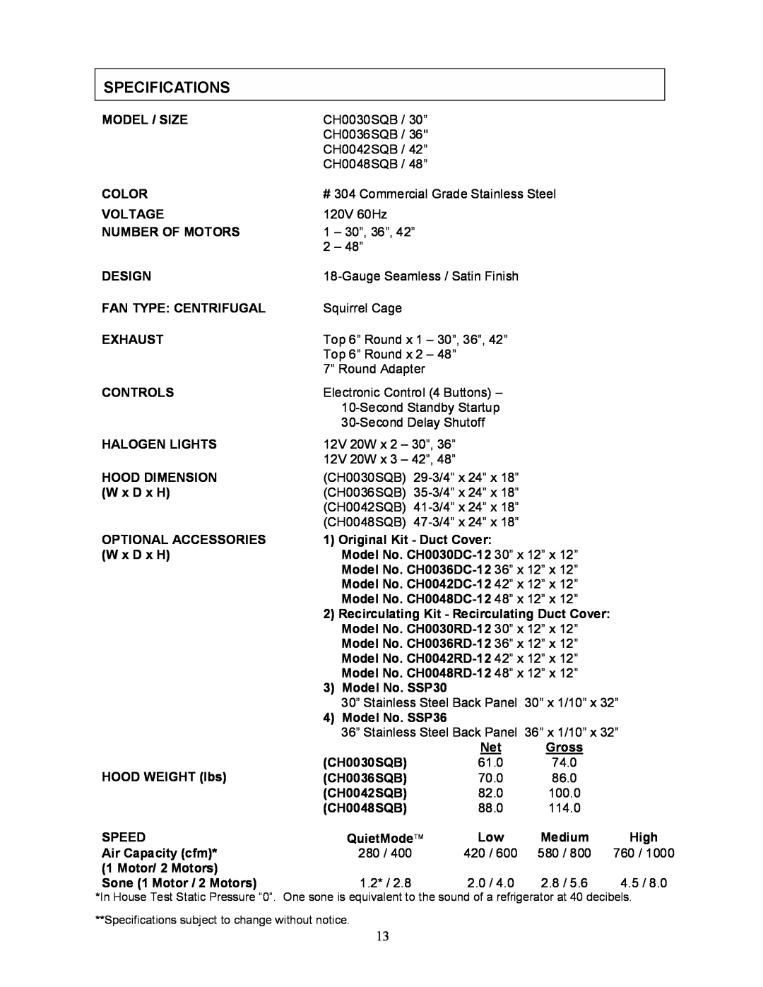 Kobe Range Hoods CH0030SQB manual Specifications, # 304 Commercial Grade Stainless Steel, 30 x 1/10, 36 x 1/10 x, Medium 