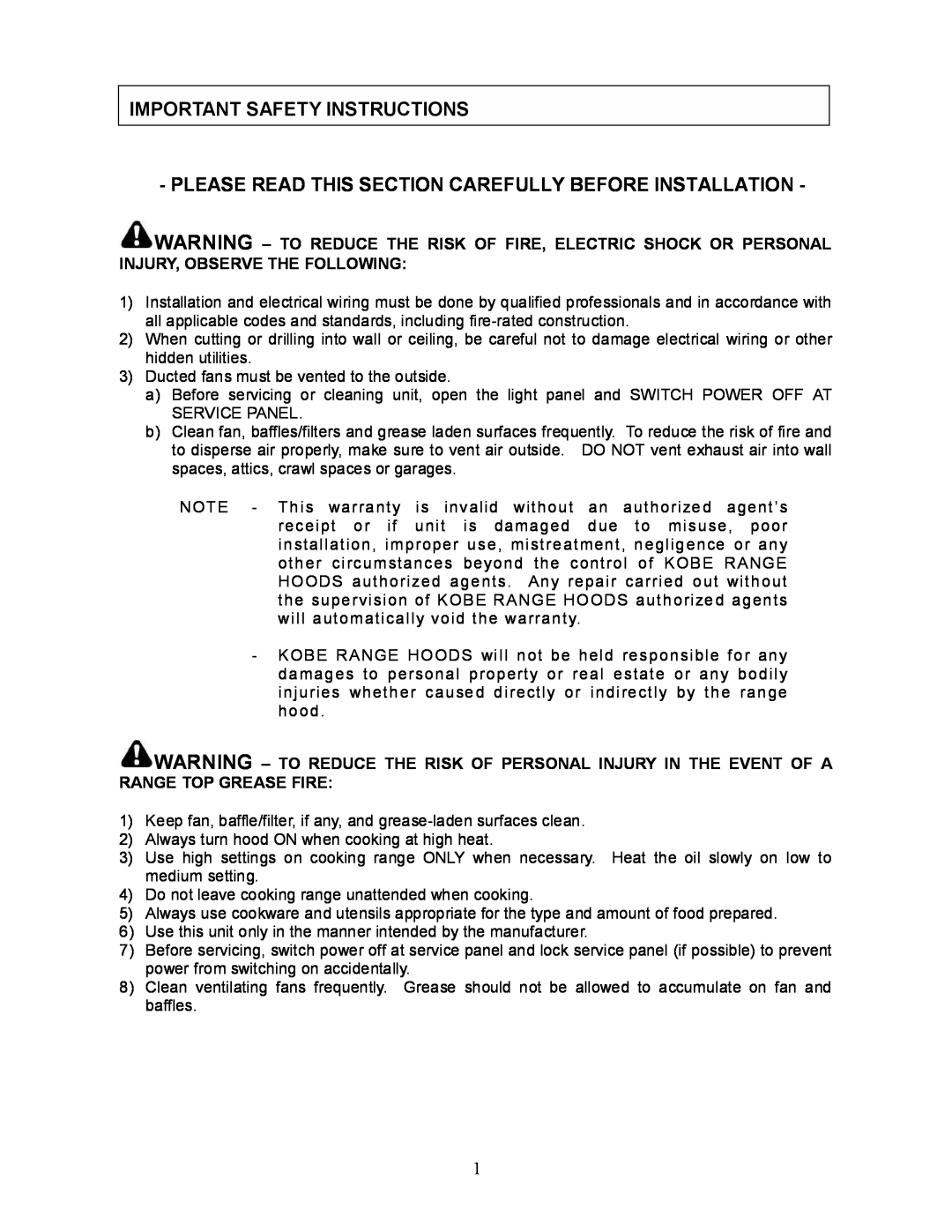 Kobe Range Hoods CH0030SQB manual Important Safety Instructions, Please Read This Section Carefully Before Installation 