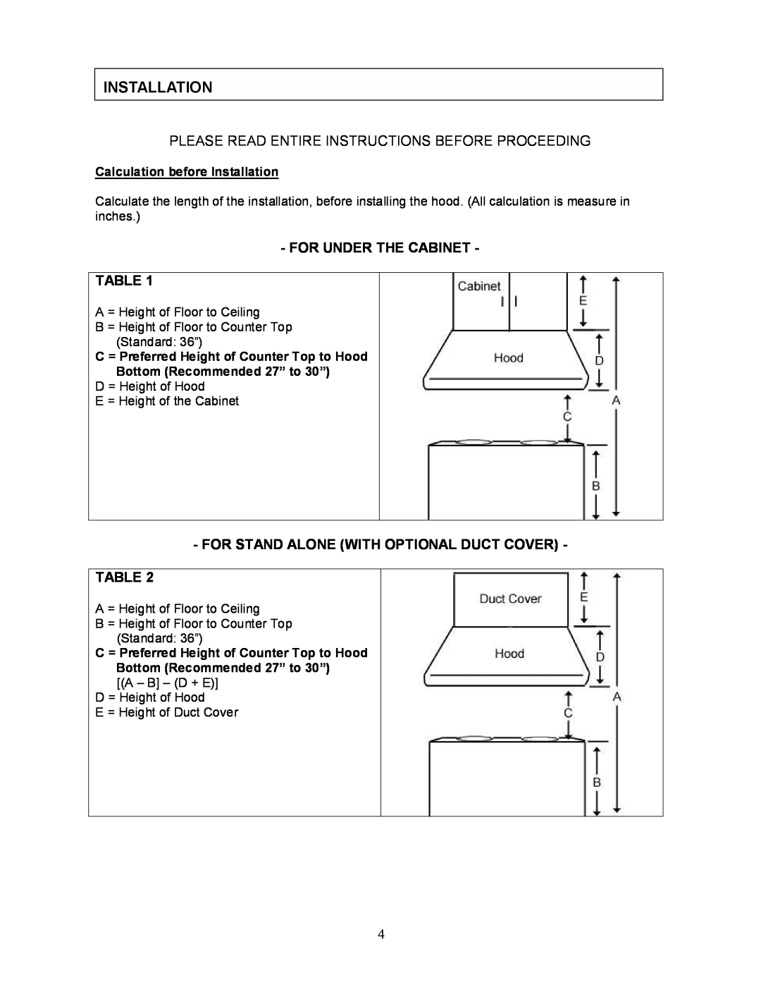 Kobe Range Hoods CH0030SQB manual Installation, Please Read Entire Instructions Before Proceeding, For Under The Cabinet 
