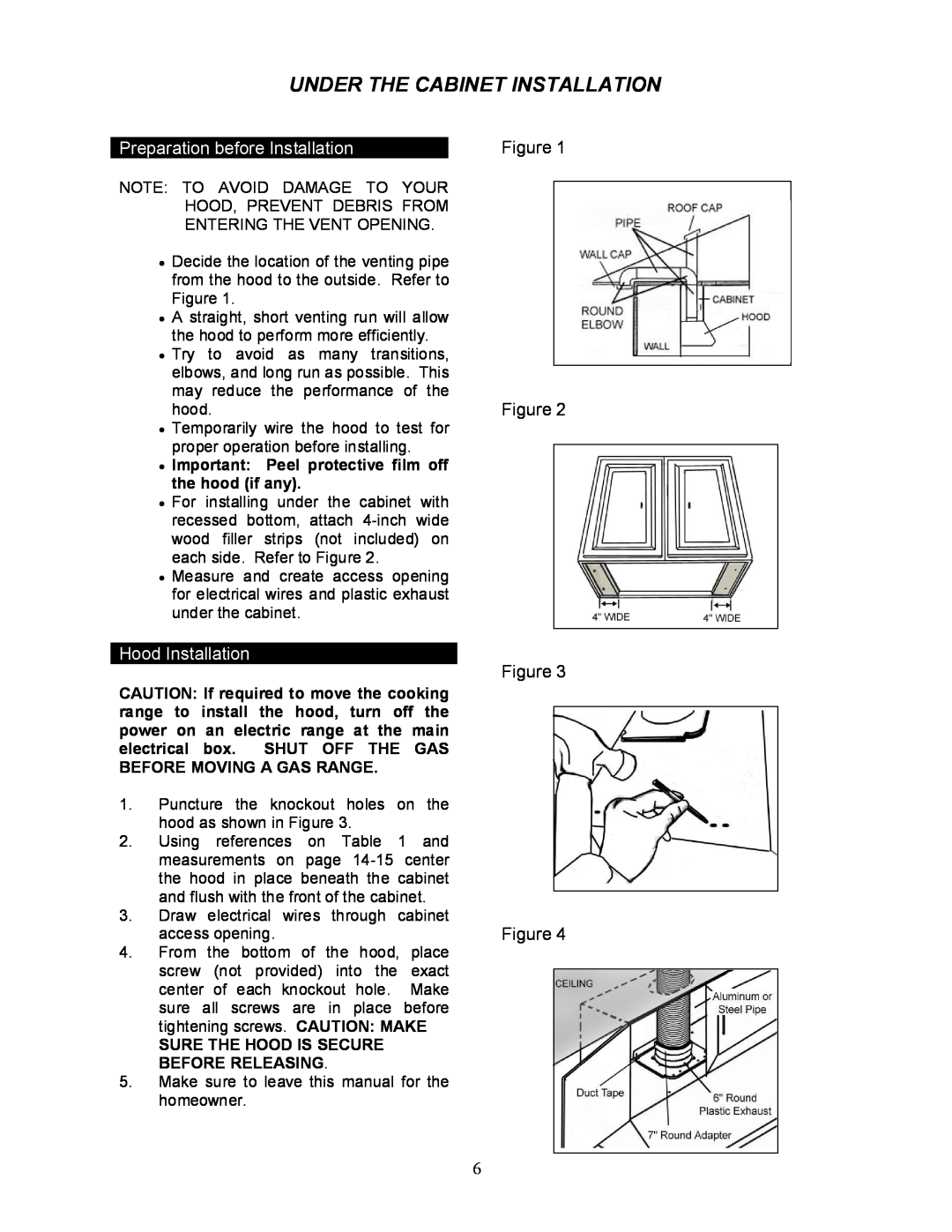 Kobe Range Hoods CH0030SQB manual Under The Cabinet Installation, Preparation before Installation, Hood Installation 