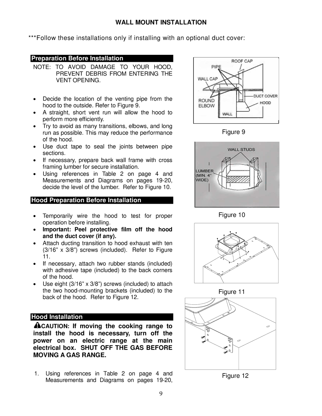 Kobe Range Hoods CH0036SQB (36), CH0030SQB (30) manual Wall Mount Installation, Hood Preparation Before Installation 