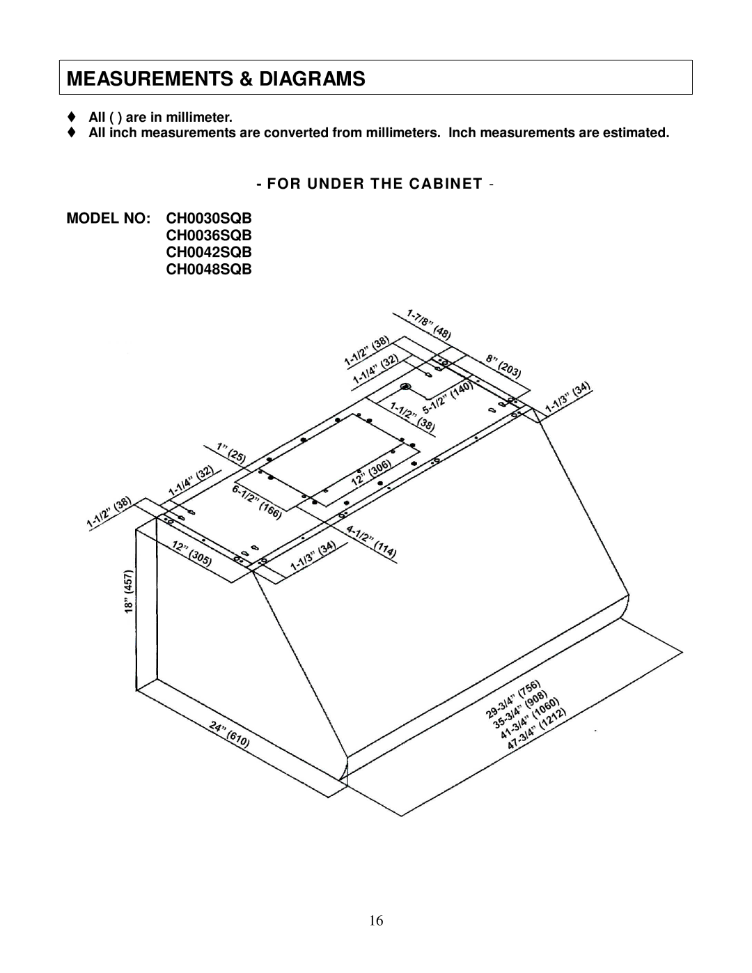 Kobe Range Hoods CH0042SQB (42), CH0036SQB (36), CH0030SQB (30), CH0048SQB (48) manual Measurements & Diagrams 