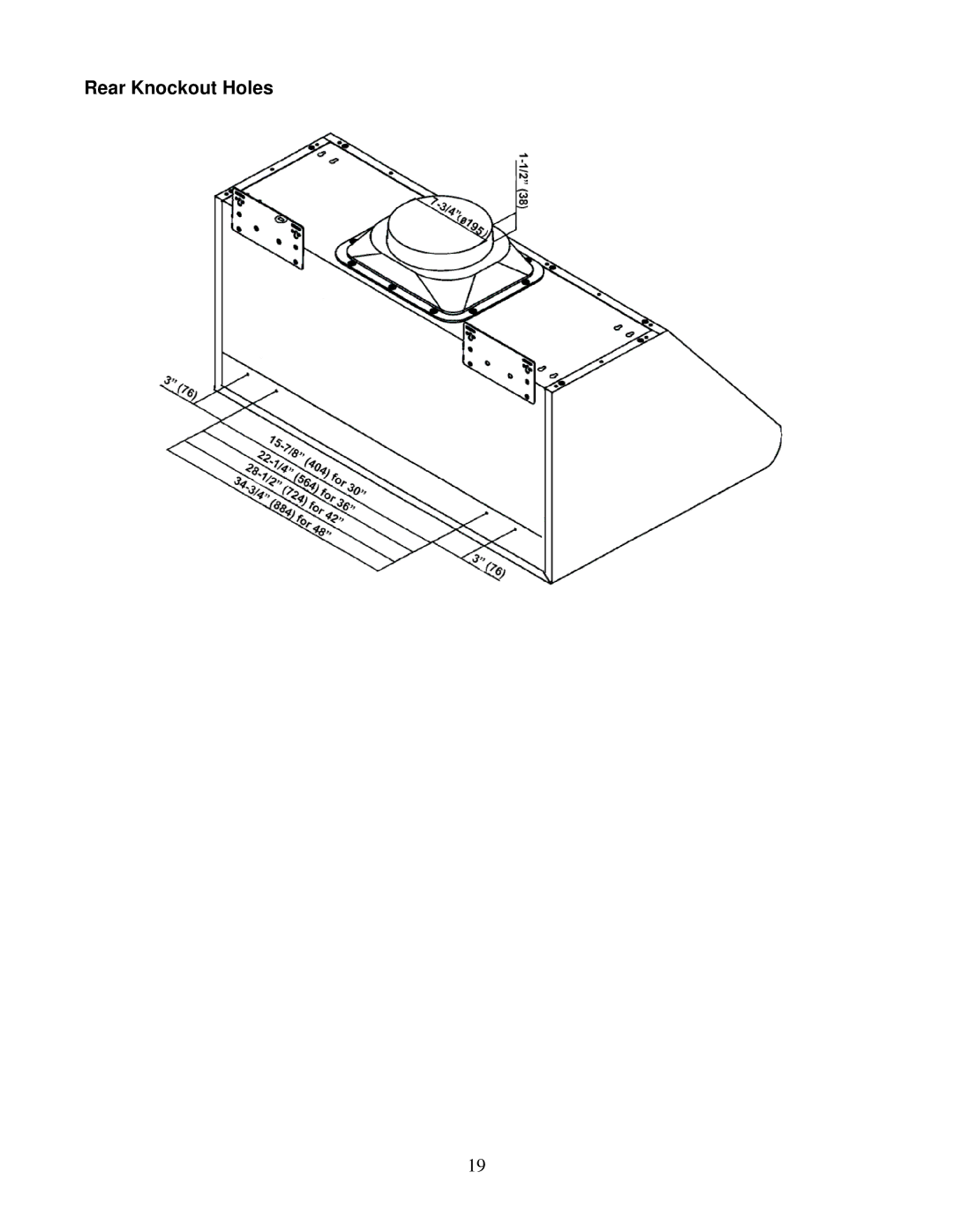 Kobe Range Hoods CH0048SQB (48), CH0036SQB (36), CH0030SQB (30), CH0042SQB (42) manual Rear Knockout Holes 