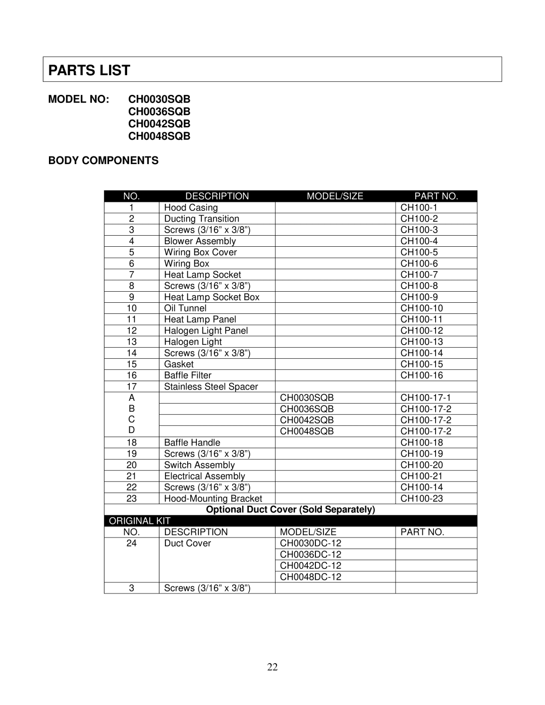 Kobe Range Hoods CH0030SQB (30), CH0036SQB (36), CH0048SQB (48), CH0042SQB (42) manual Parts List 