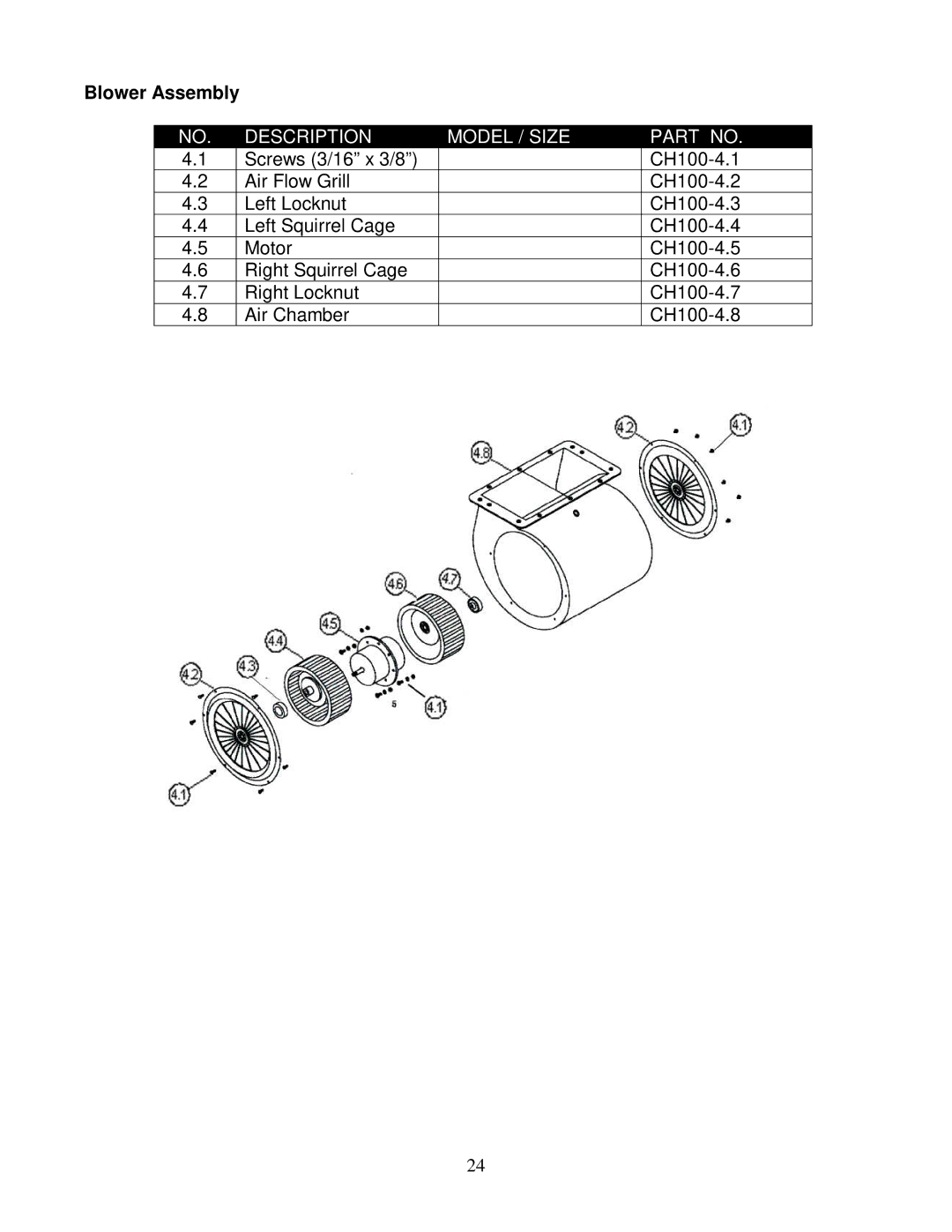 Kobe Range Hoods CH0042SQB (42), CH0036SQB (36), CH0030SQB (30), CH0048SQB (48) manual Blower Assembly 