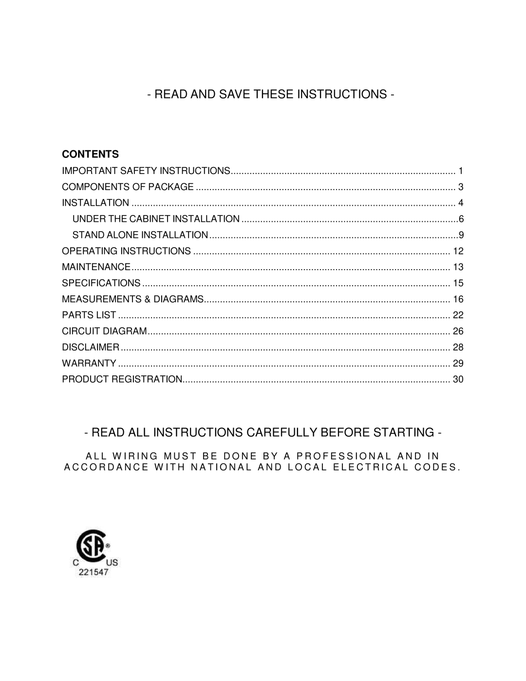 Kobe Range Hoods CH0042SQB (42), CH0036SQB (36), CH0030SQB (30) manual Read and Save These Instructions, Contents 