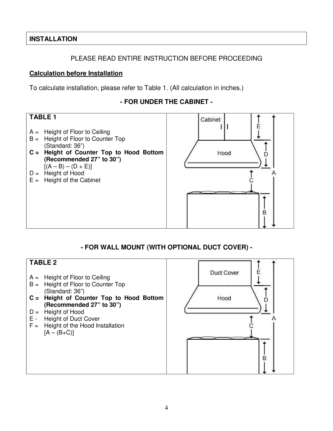 Kobe Range Hoods CH0042SQB (42) manual Installation, For Under the Cabinet, For Wall Mount with Optional Duct Cover 