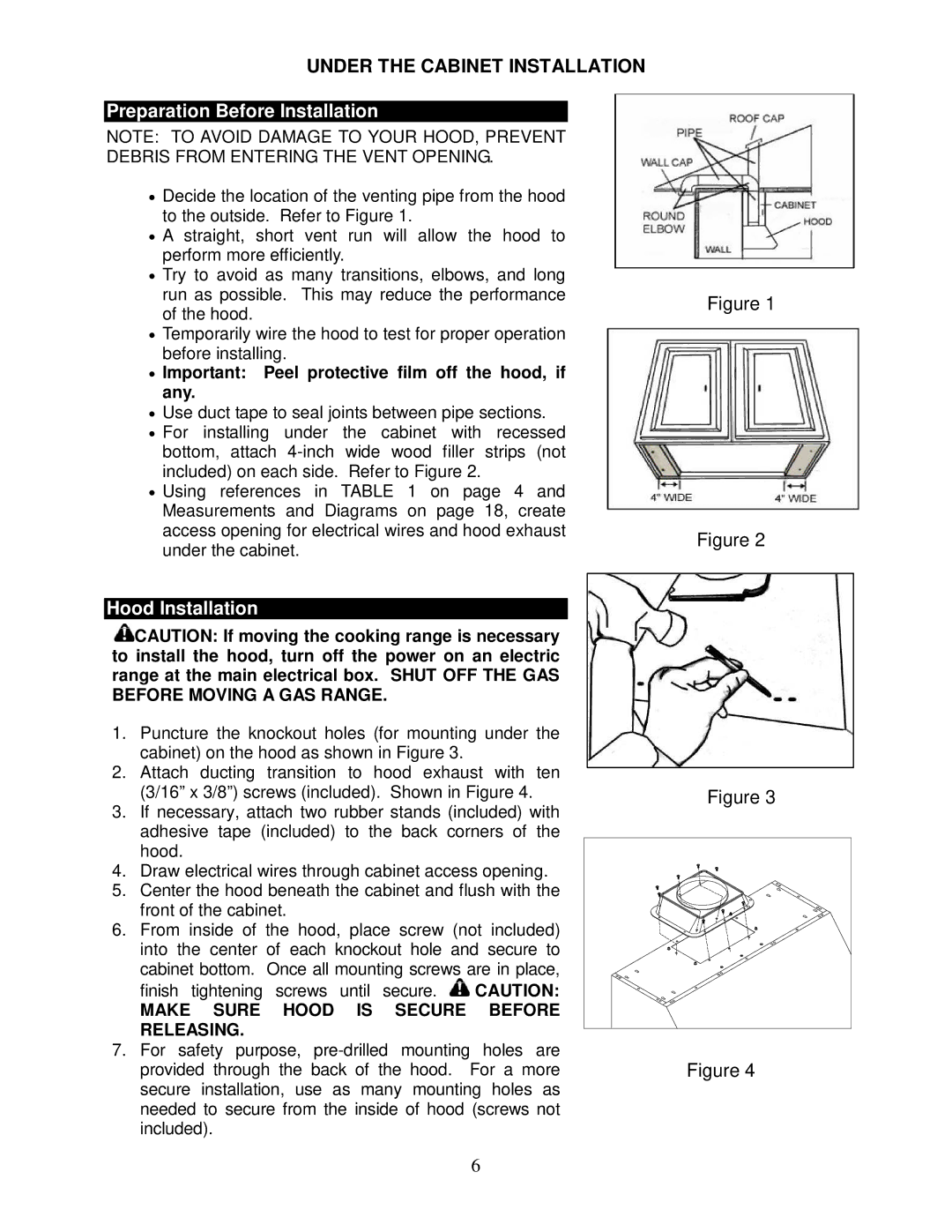 Kobe Range Hoods CH0030SQB (30) manual Under the Cabinet Installation, Make Sure Hood is Secure Before Releasing 