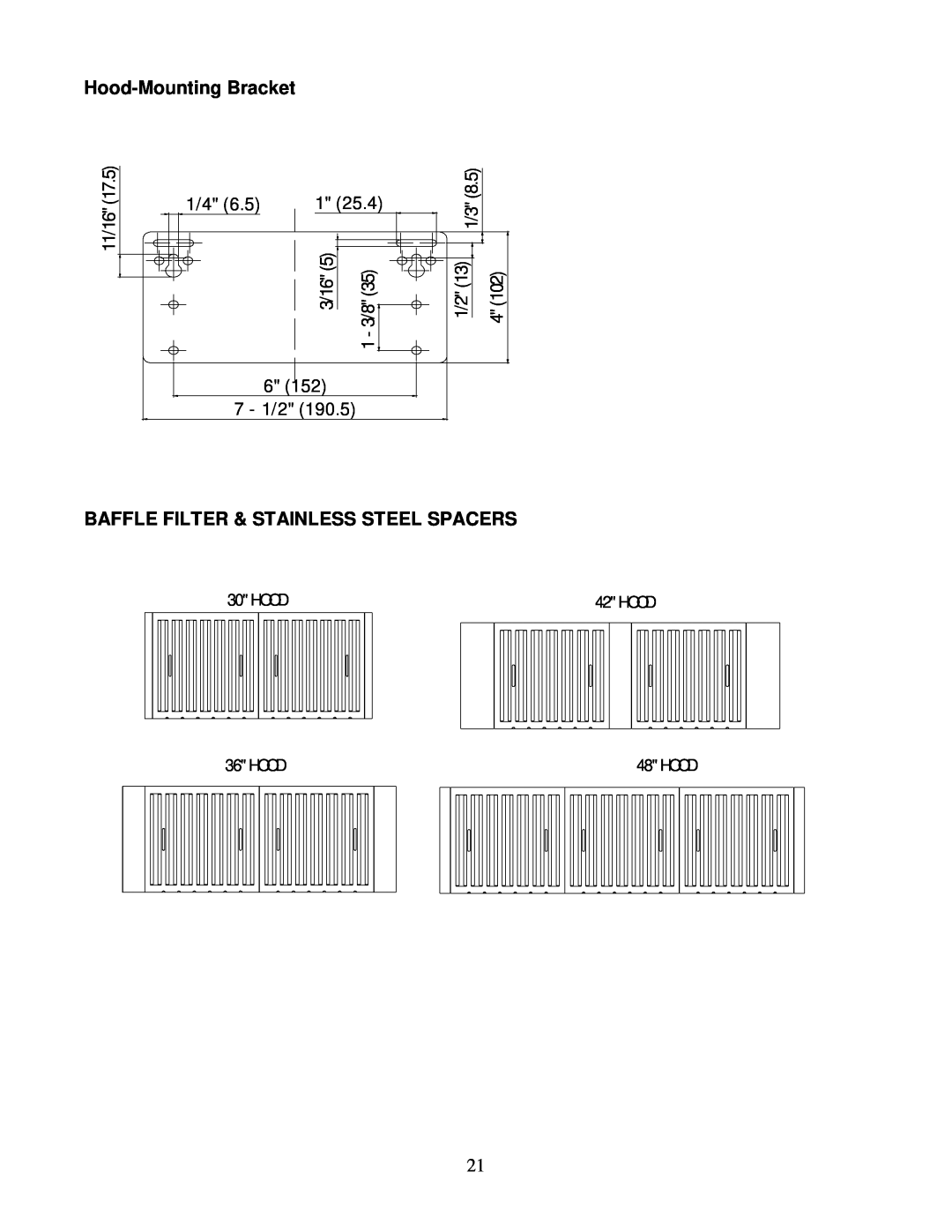 Kobe Range Hoods CH0036SQB (36"), CH0030SQB (30") manual Hood-Mounting Bracket, Baffle Filter & Stainless Steel Spacers 