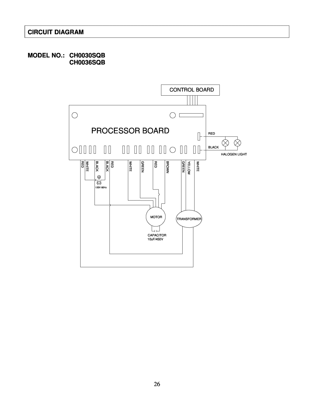 Kobe Range Hoods CH0030SQB (30") manual Circuit Diagram, MODEL NO. CH0030SQB CH0036SQB, Processor Board, Control Board 