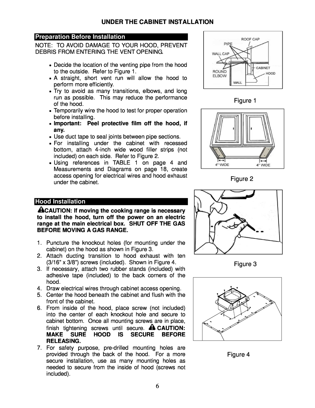 Kobe Range Hoods CH0030SQB (30") manual Under The Cabinet Installation, Preparation Before Installation, Hood Installation 
