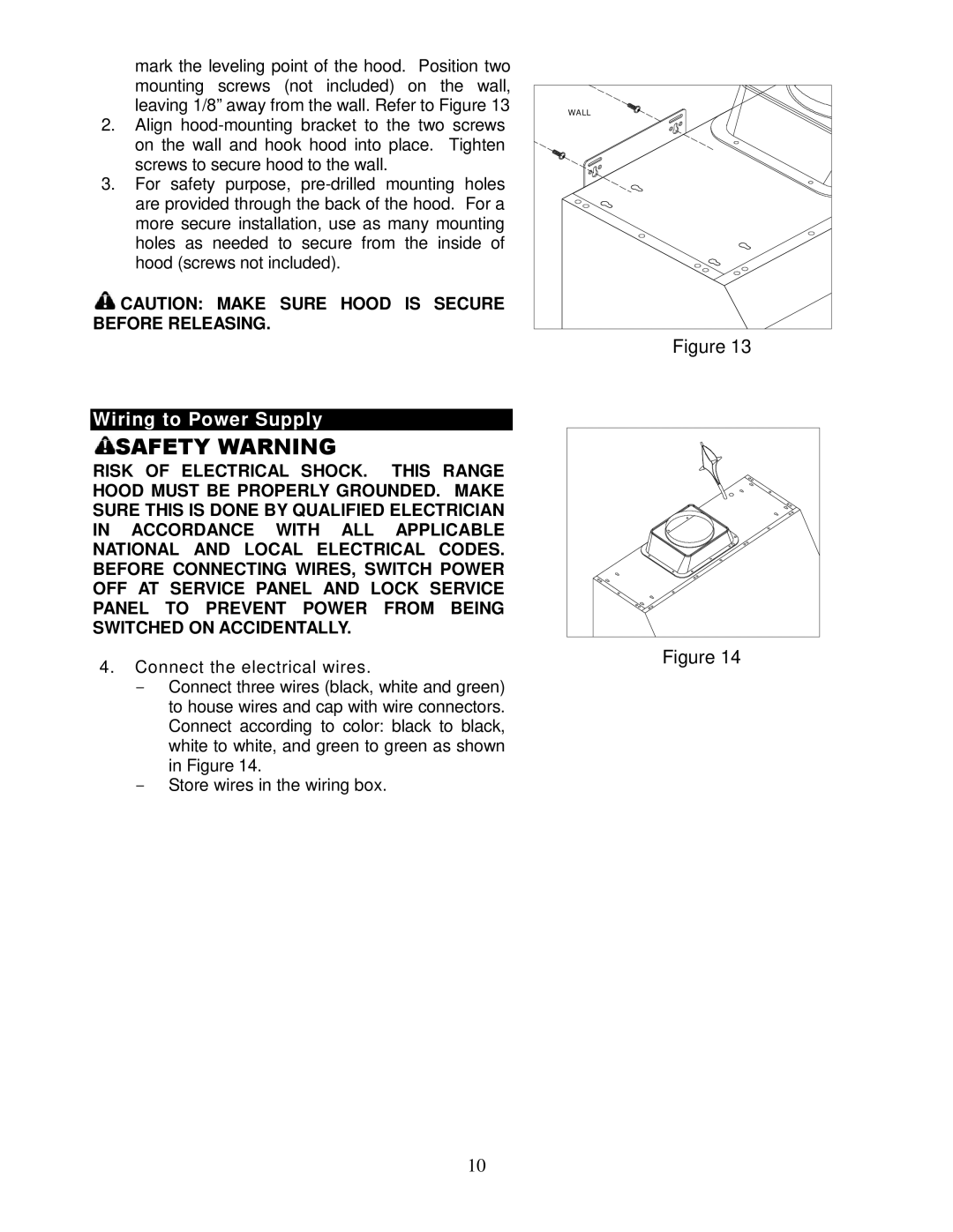 Kobe Range Hoods CH0036SQB, CH0042SQB, CH0048SQB manual Wall 