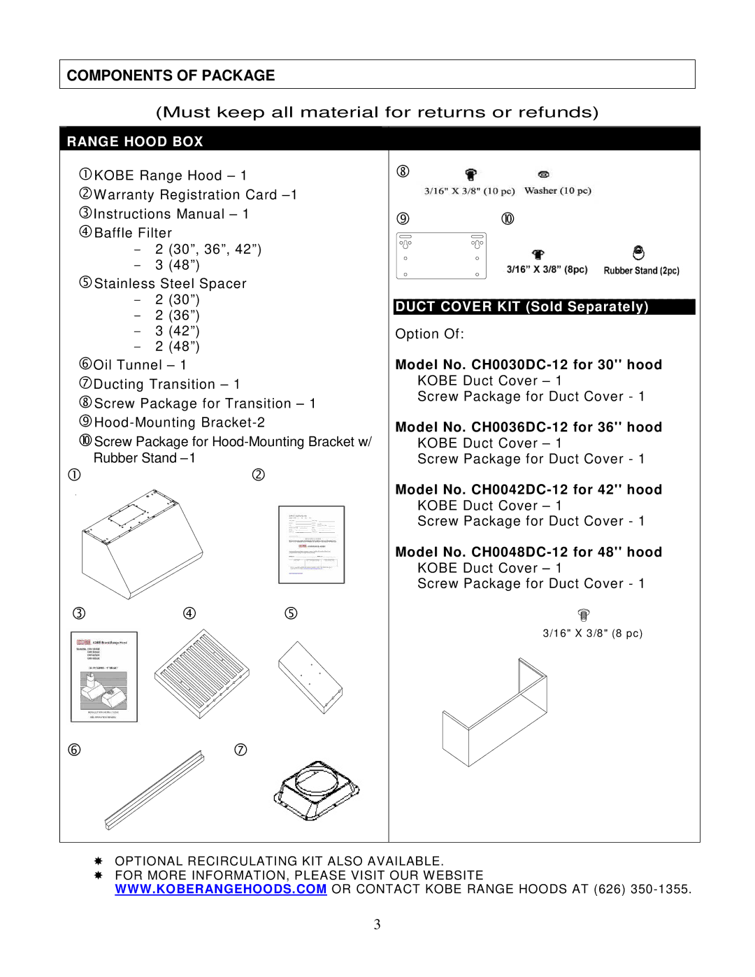 Kobe Range Hoods CH0042SQB, CH0036SQB, CH0048SQB manual Components of Package, Must keep all material for returns or refunds 