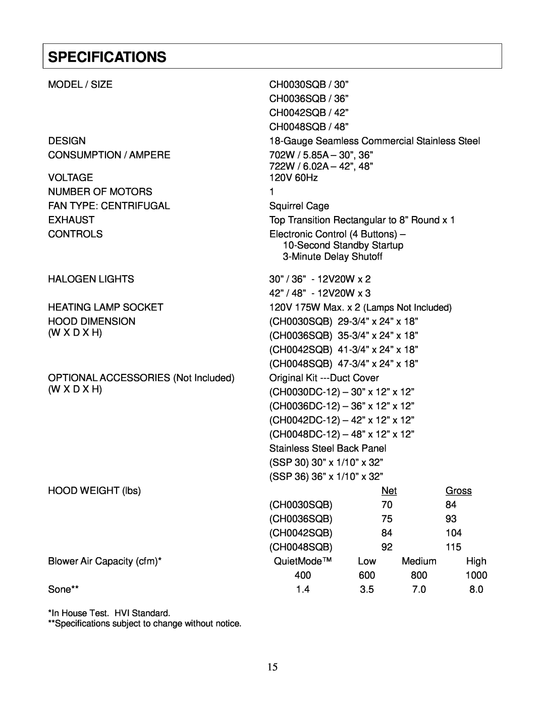 Kobe Range Hoods CH0042SQB, CH0036SQB, CH0048SQB manual Specifications 