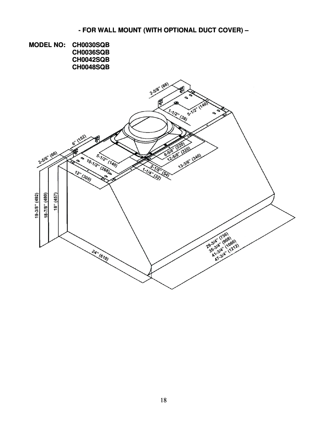 Kobe Range Hoods manual FOR WALL MOUNT WITH OPTIONAL DUCT COVER MODEL NO CH0030SQB CH0036SQB, CH0042SQB CH0048SQB 