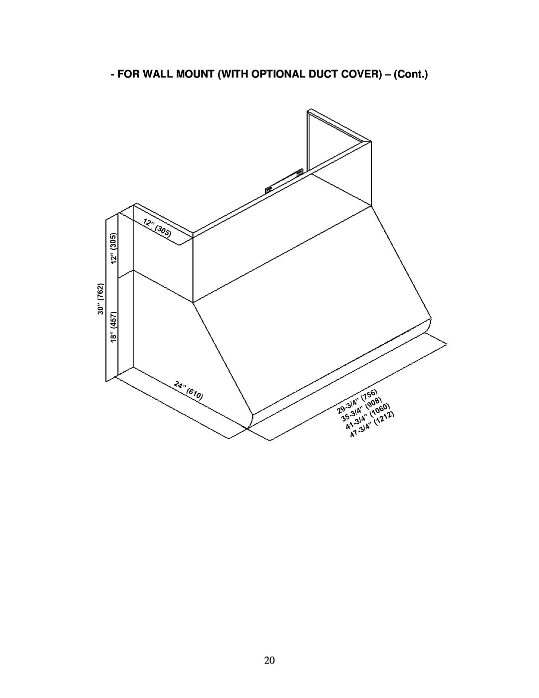 Kobe Range Hoods CH0048SQB, CH0042SQB, CH0036SQB manual FOR WALL MOUNT WITH OPTIONAL DUCT COVER - Cont 