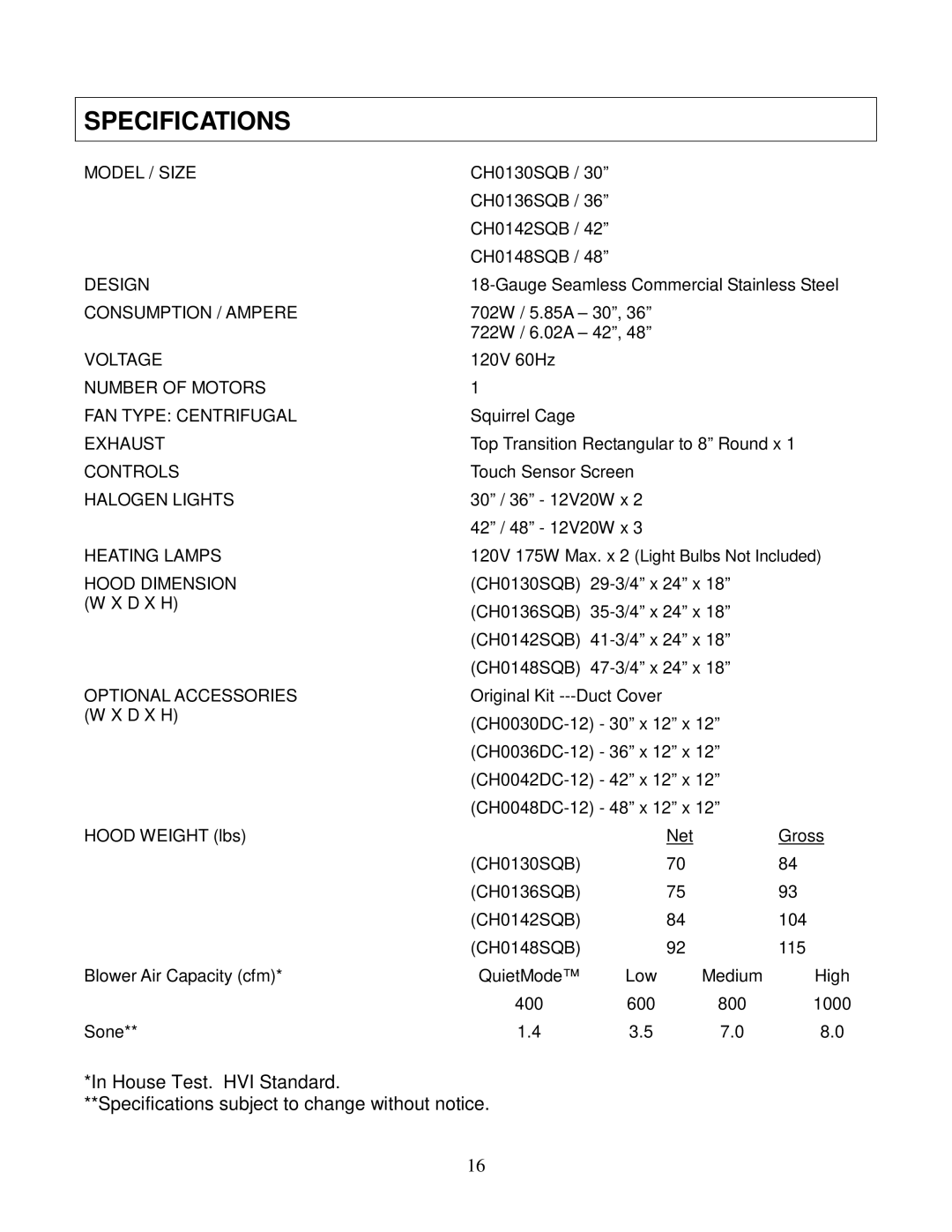 Kobe Range Hoods CH0148SQB (48), CH0136SQB (36), CH0130SQB (30), CH0142SQB (42) installation instructions Specifications 