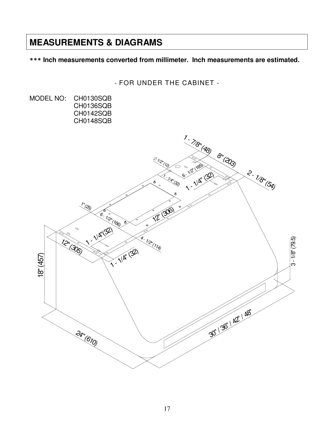 Kobe Range Hoods CH0136SQB (36), CH0130SQB (30), CH0142SQB (42), CH0148SQB (48) Measurements & Diagrams 