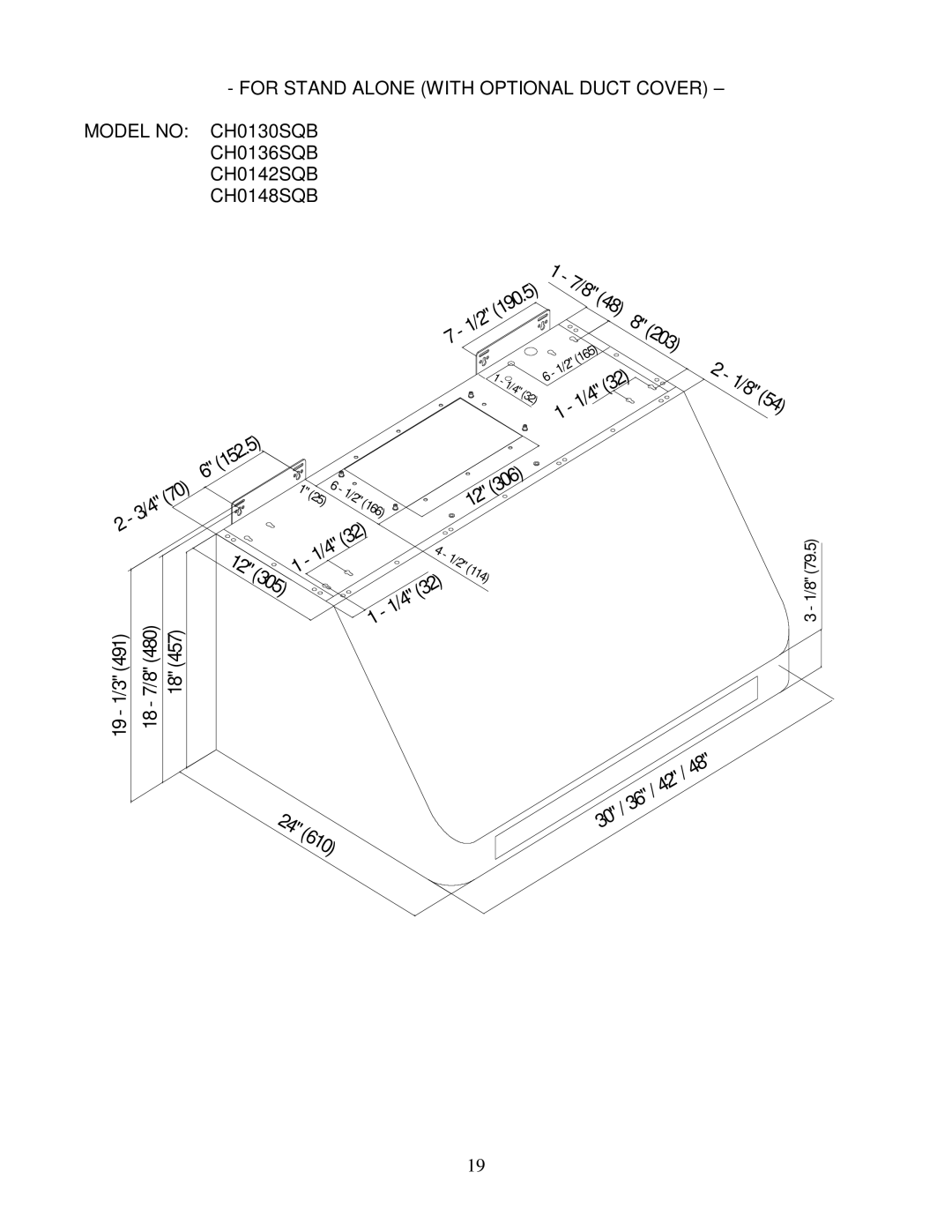 Kobe Range Hoods CH0142SQB (42), CH0136SQB (36), CH0130SQB (30), CH0148SQB (48) installation instructions 