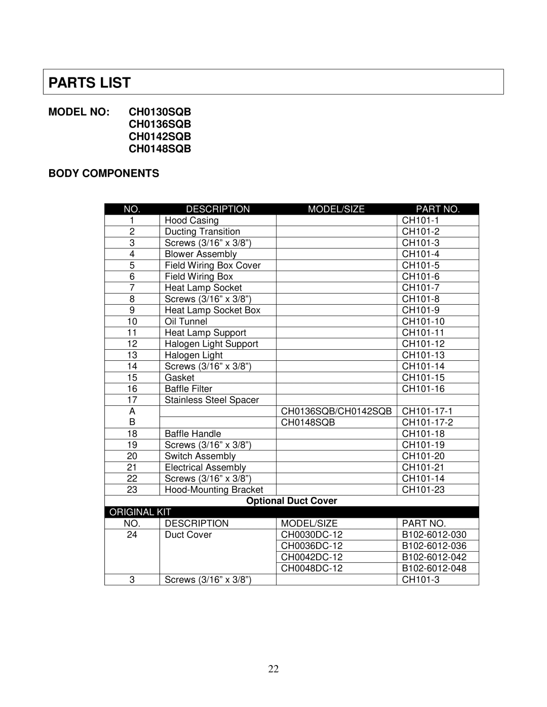 Kobe Range Hoods CH0130SQB (30), CH0136SQB (36), CH0142SQB (42), CH0148SQB (48) Parts List, Description MODEL/SIZE 