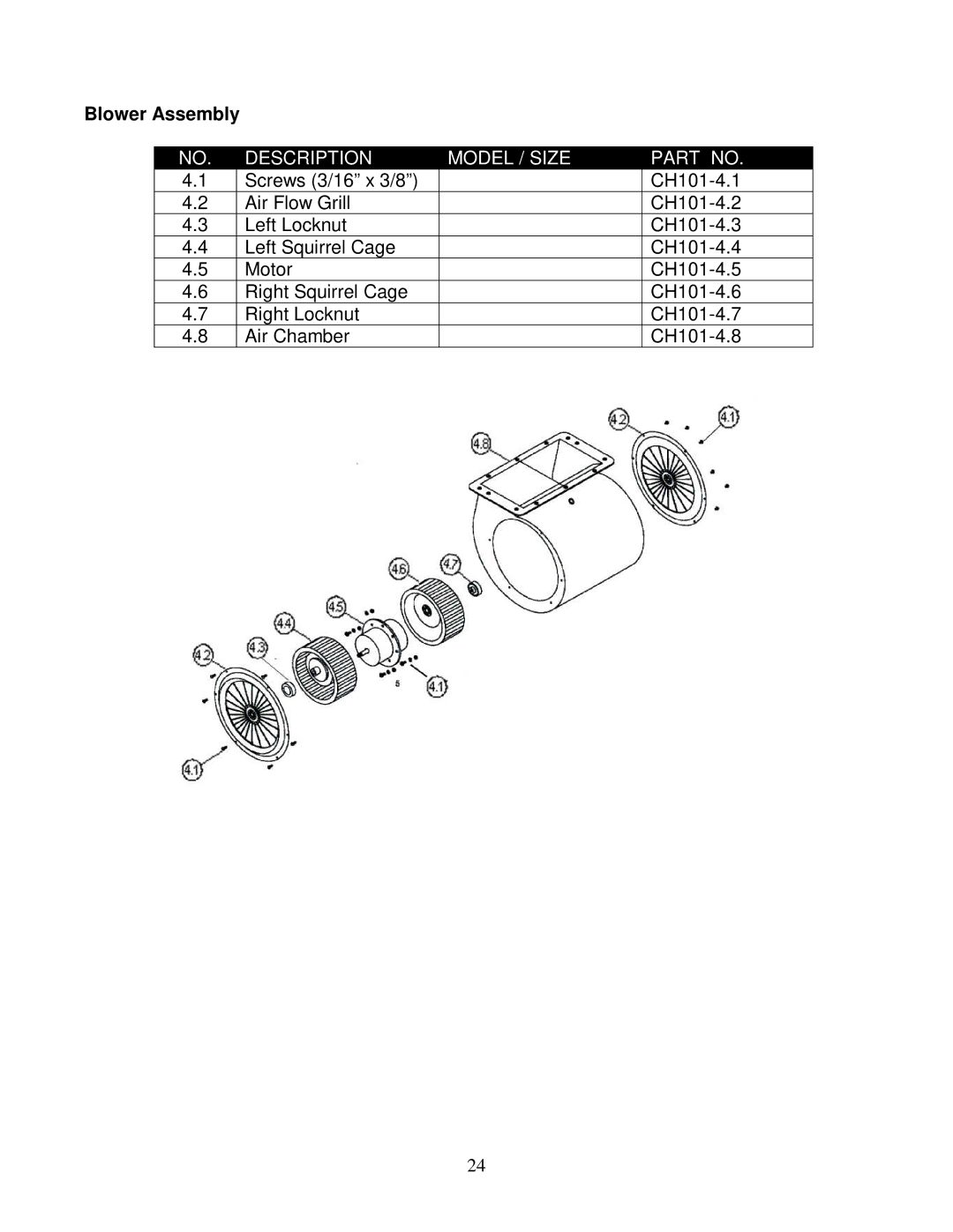 Kobe Range Hoods CH0148SQB (48), CH0136SQB (36), CH0130SQB (30), CH0142SQB (42) installation instructions Blower Assembly 