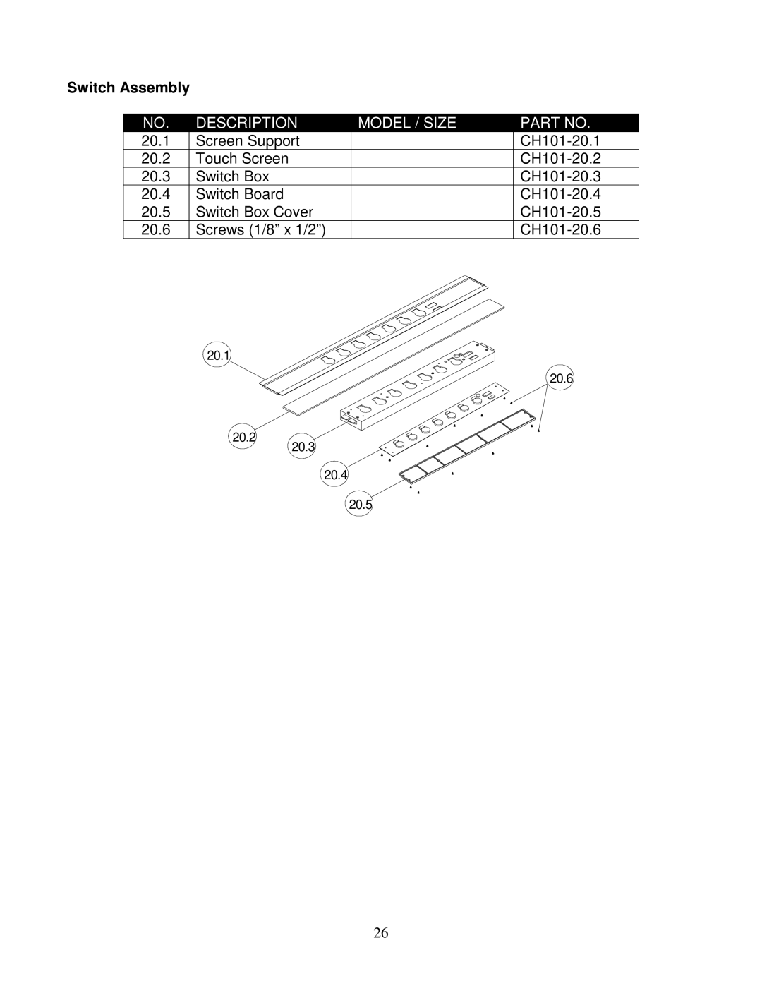 Kobe Range Hoods CH0130SQB (30), CH0136SQB (36), CH0142SQB (42), CH0148SQB (48) installation instructions Switch Assembly 