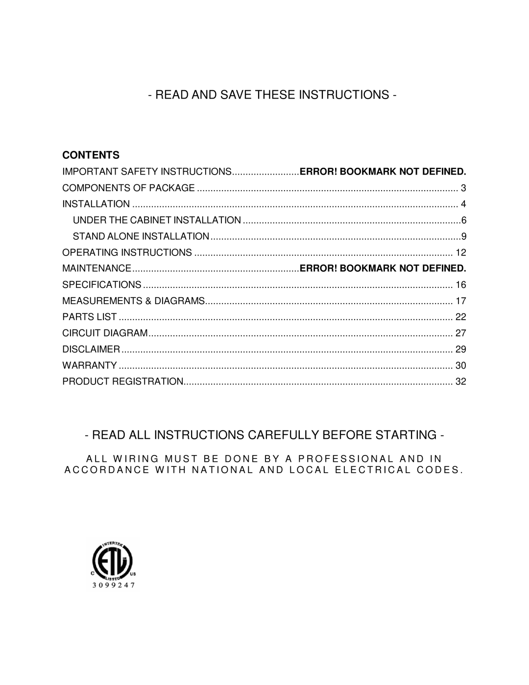 Kobe Range Hoods CH0148SQB (48), CH0136SQB (36), CH0130SQB (30) Read and Save These Instructions, Contents 