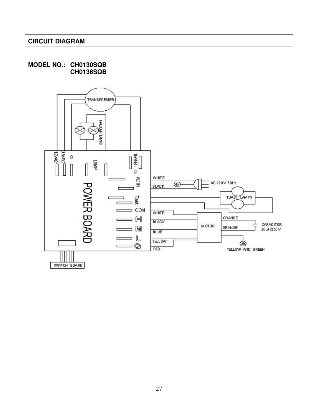 Kobe Range Hoods CH0142SQB (42), CH0136SQB (36), CH0130SQB (30) Circuit Diagram Model NO. CH0130SQB CH0136SQB 