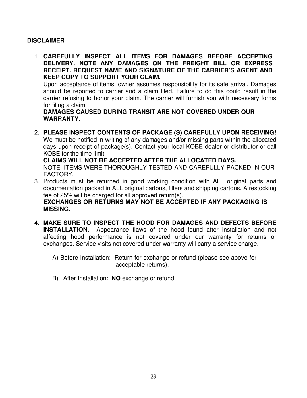 Kobe Range Hoods CH0136SQB (36), CH0130SQB (30), CH0142SQB (42) Claims will not be Accepted After the Allocated Days 