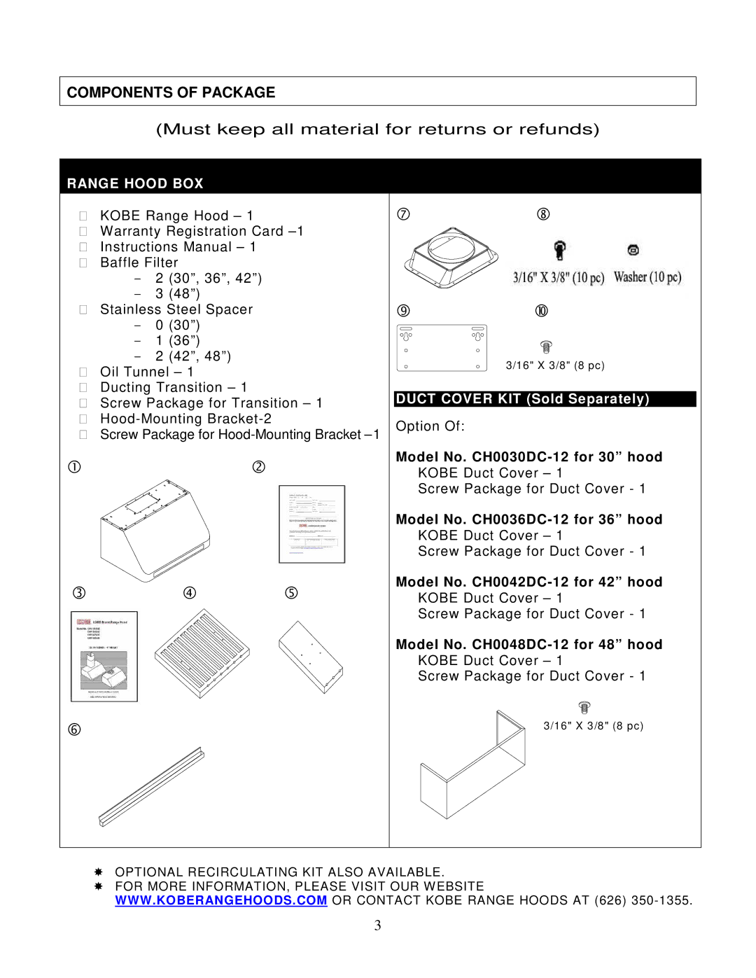 Kobe Range Hoods CH0142SQB (42), CH0136SQB (36) Components of Package, Must keep all material for returns or refunds 