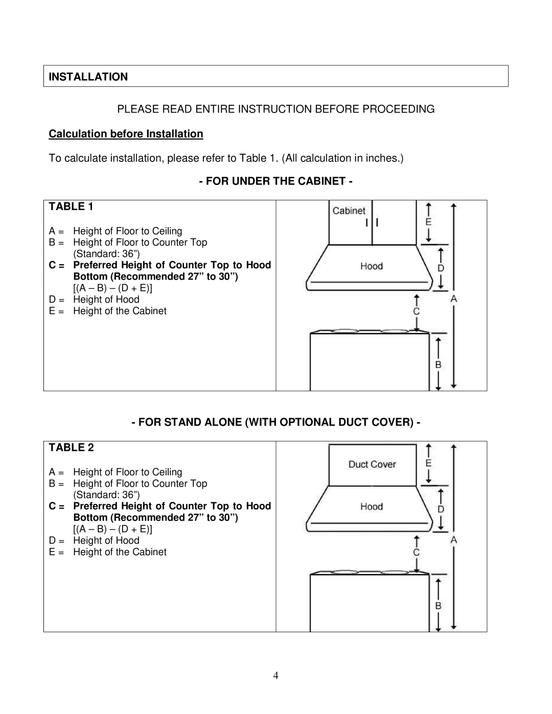 Kobe Range Hoods CH0148SQB (48) Installation, For Under the Cabinet, For Stand Alone with Optional Duct Cover 