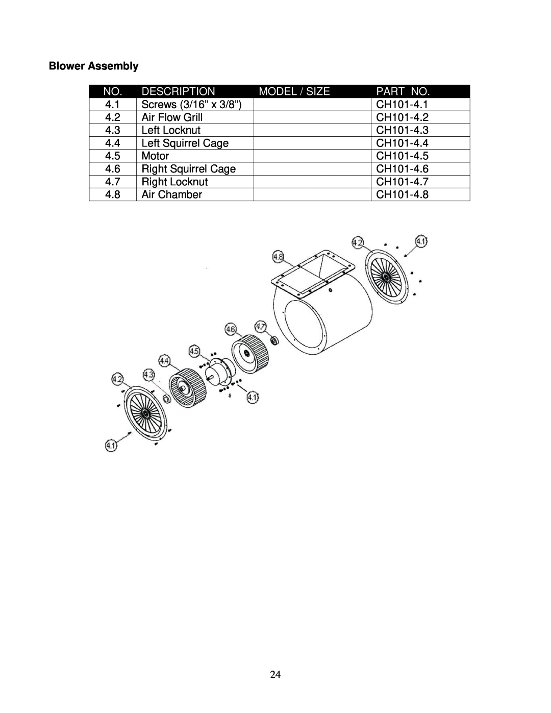 Kobe Range Hoods CH0148SQB (48"), CH0136SQB (36"), CH0130SQB (30") Blower Assembly, Description, Model / Size 