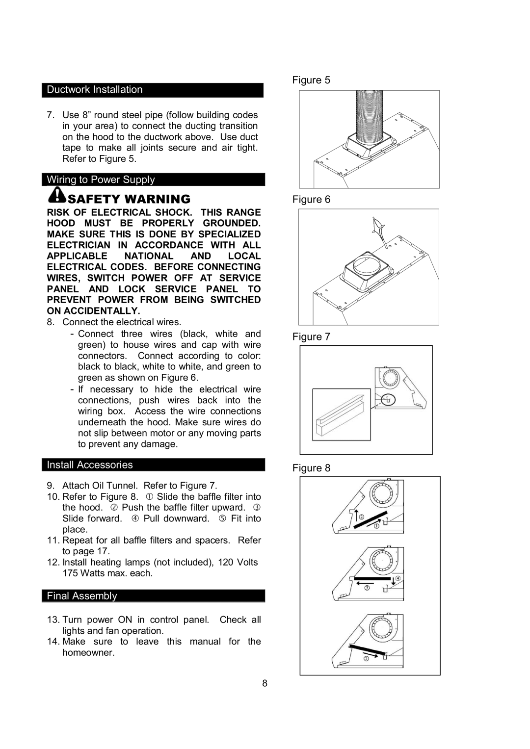 Kobe Range Hoods CH0342SQB, CH0348SQB, CH0336SQB, CH0330SQB installation instructions Wiring to Power Supply 