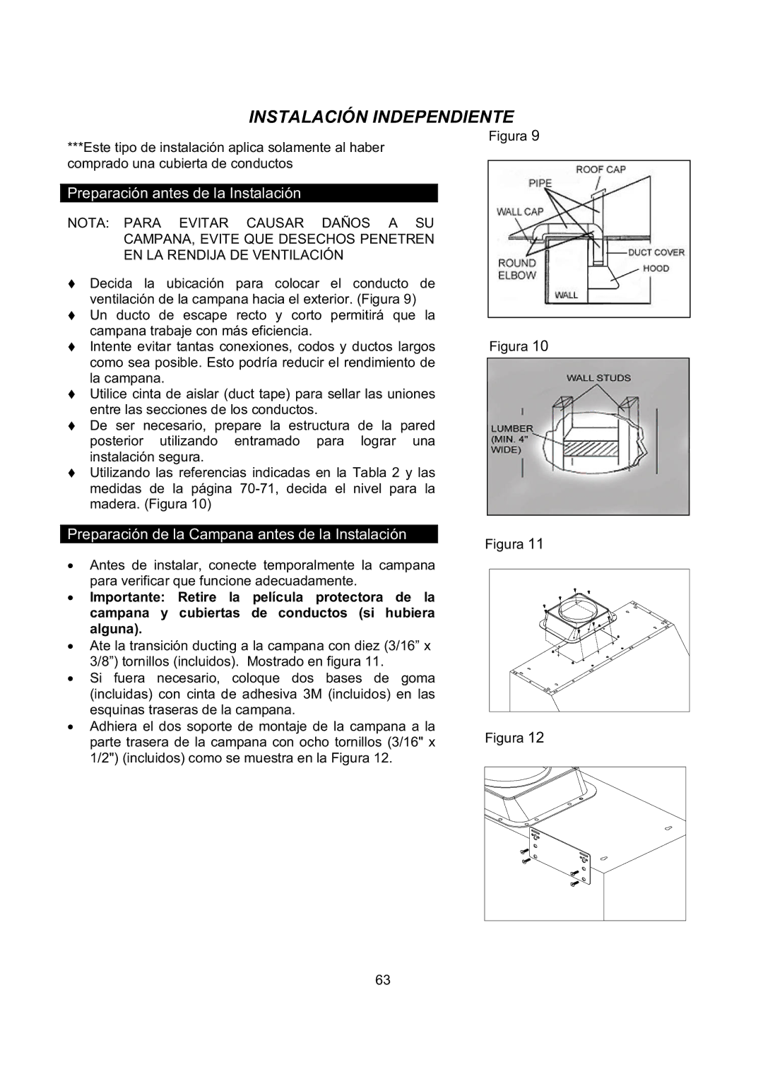 Kobe Range Hoods CH0330SQB, CH0348SQB, CH0336SQB, CH0342SQB installation instructions Instalación Independiente 