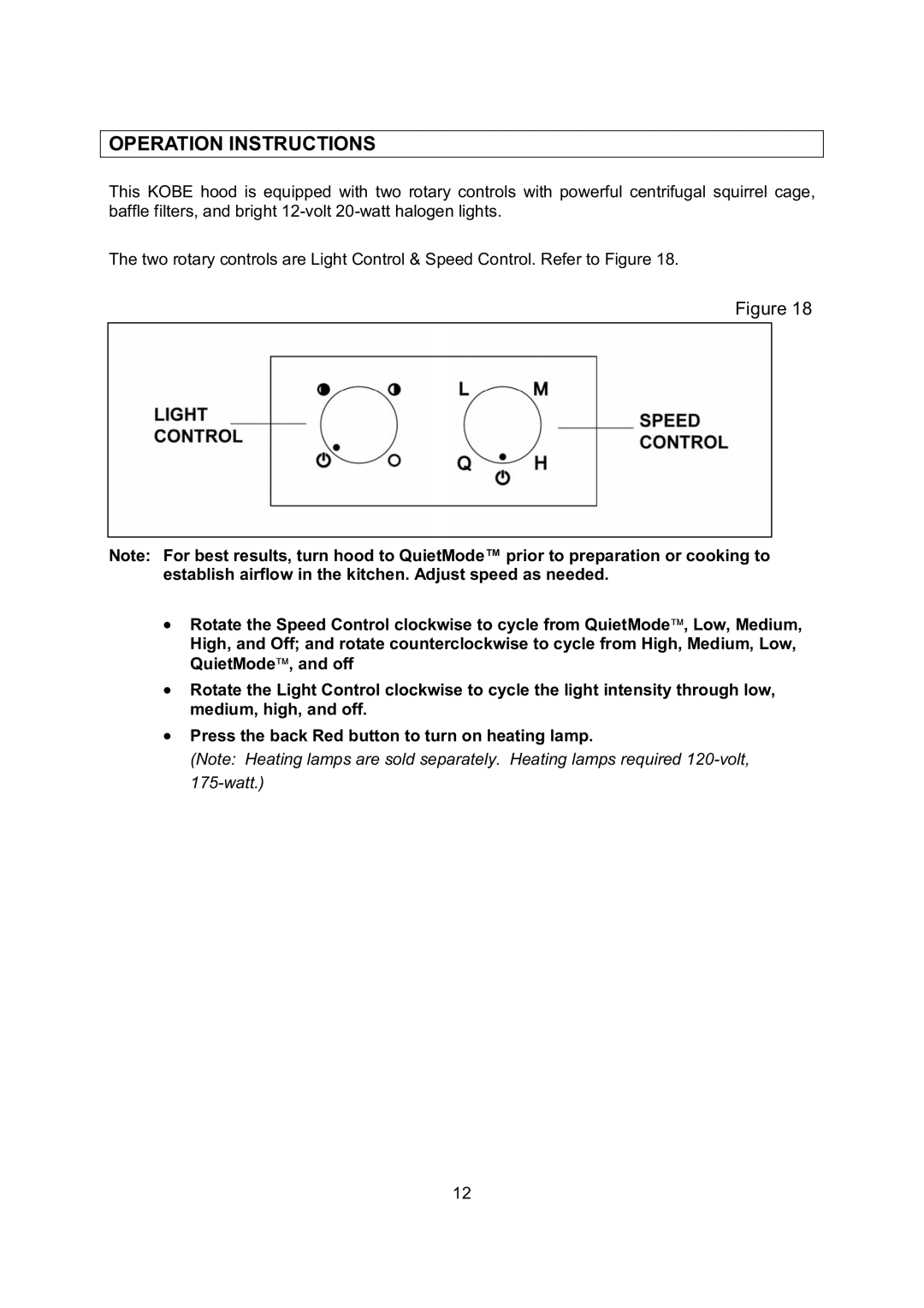 Kobe Range Hoods CH0342SQB, CH0348SQB, CH0336SQB, CH0330SQB installation instructions Operation Instructions 