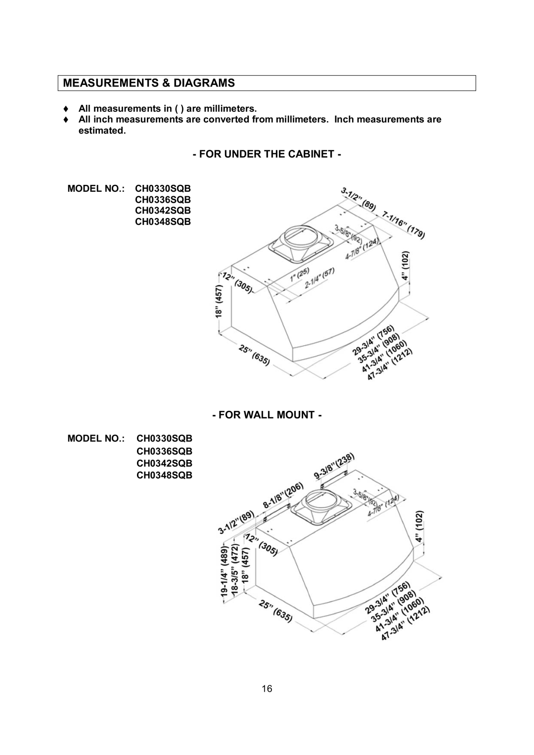 Kobe Range Hoods installation instructions Measurements & Diagrams, Model NO. CH0330SQB CH0336SQB CH0342SQB CH0348SQB 