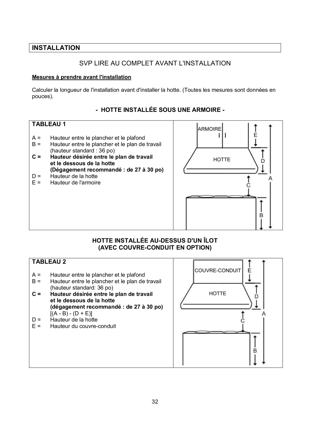 Kobe Range Hoods CH0342SQB, CH0348SQB SVP Lire AU Complet Avant Linstallation, Mesures à prendre avant linstallation 