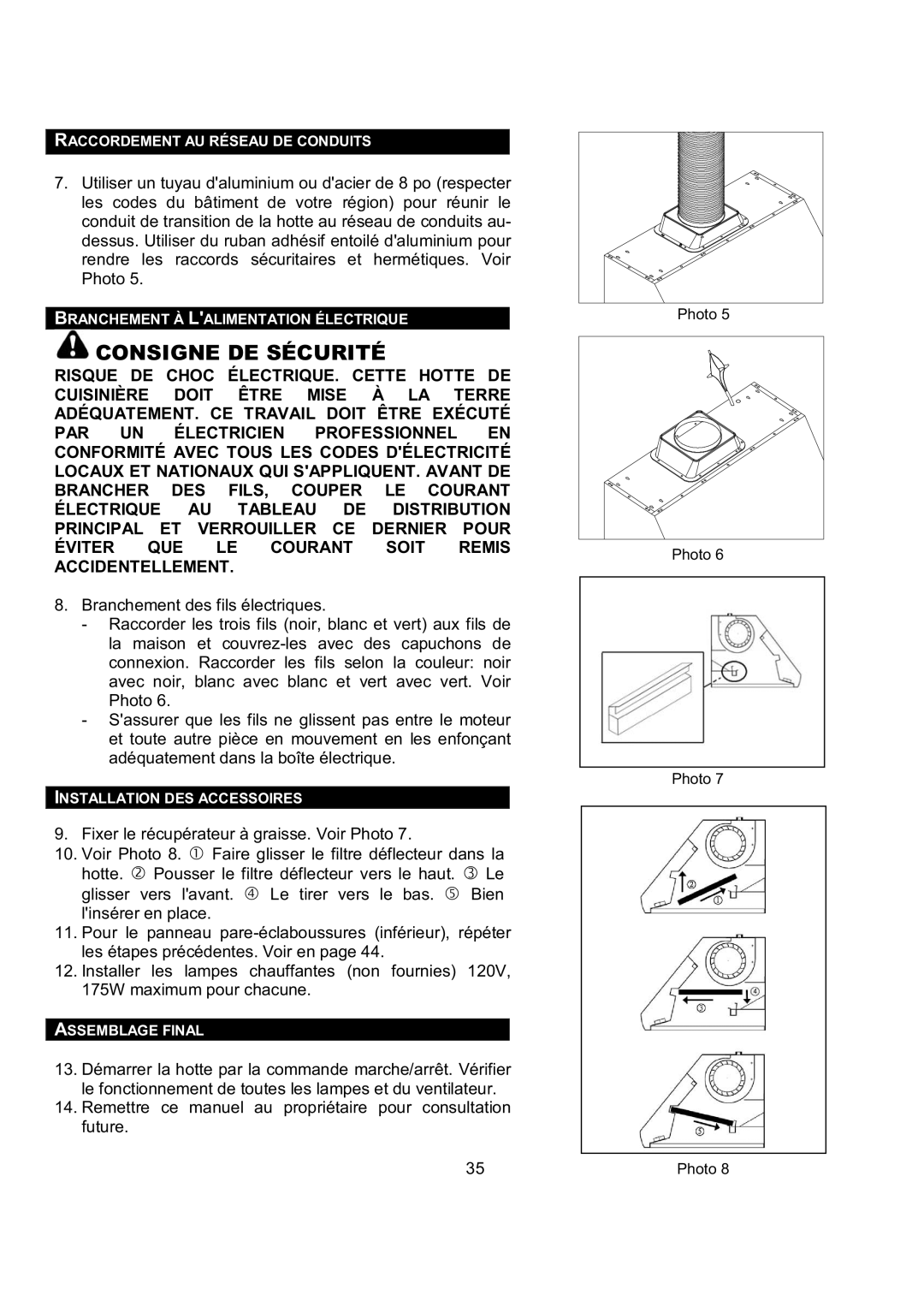 Kobe Range Hoods CH0336SQB, CH0348SQB, CH0342SQB, CH0330SQB installation instructions Consigne DE Sécurité 