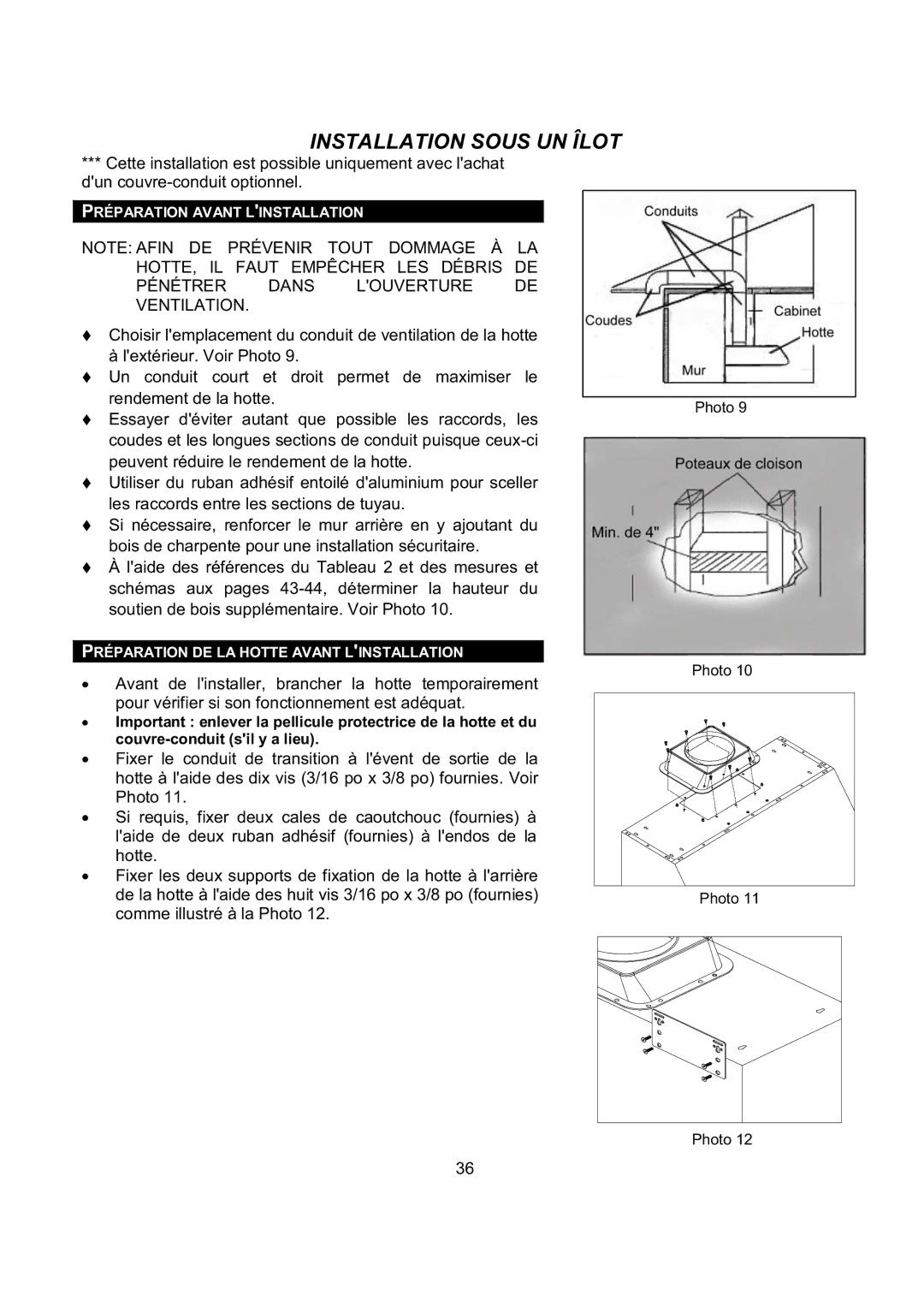 Kobe Range Hoods CH0342SQB, CH0348SQB, CH0336SQB, CH0330SQB installation instructions Installation Sous UN Îlot 