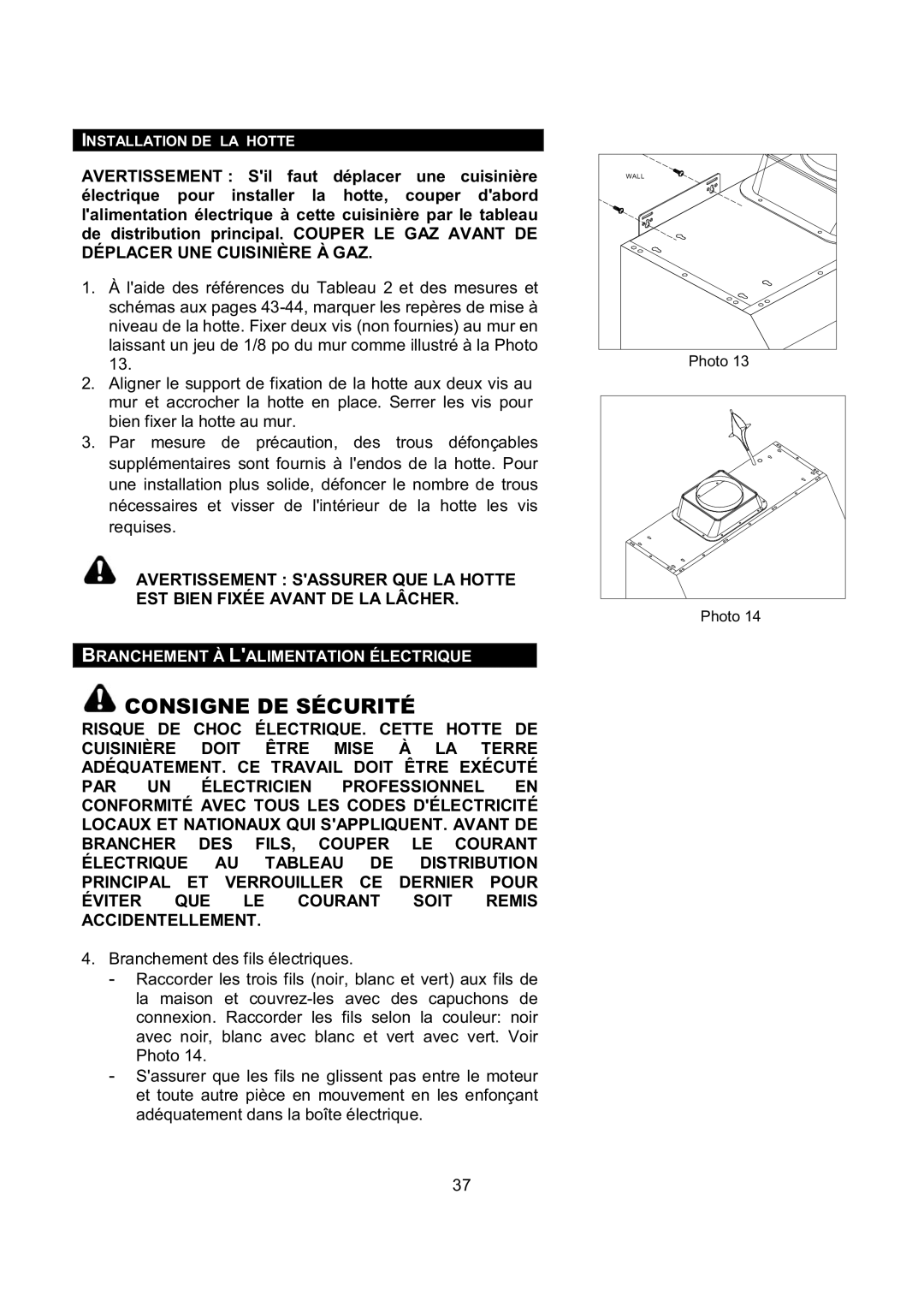 Kobe Range Hoods CH0330SQB, CH0348SQB, CH0336SQB, CH0342SQB installation instructions Branchement À Lalimentation Électrique 