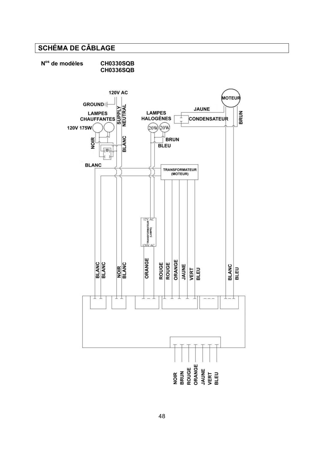 Kobe Range Hoods CH0342SQB, CH0348SQB, CH0336SQB, CH0330SQB installation instructions Schéma DE Câblage 