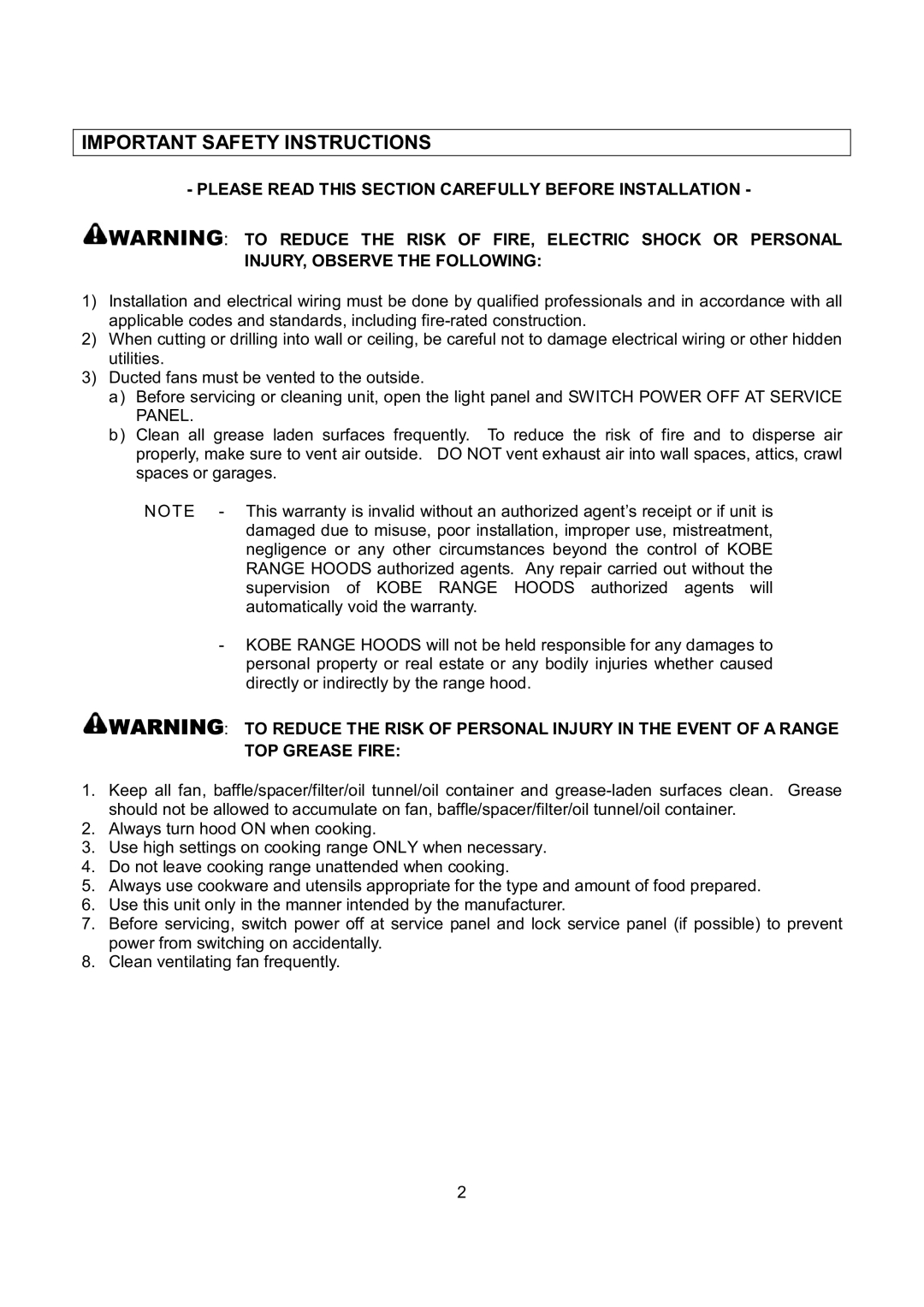 Kobe Range Hoods CH0342SQB, CH0348SQB, CH0336SQB, CH0330SQB installation instructions Important Safety Instructions 